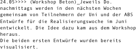 24.05>>>> (Workshop Beton)_Jeweils Do. nachmittags werden in den nächsten Wochen gemeinsam von Teilnehmern der Uni und der ABS Entwürfe für die Realisierungswoche im Juni entwickelt. Die Idee dazu kam aus dem Workshop heraus.
Die beiden ersten Entwürfe wurden bereits visualisiert.
